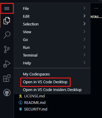 Snímek obrazovky znázorňující otevření prostoru codespace v desktopové verzi VS Code