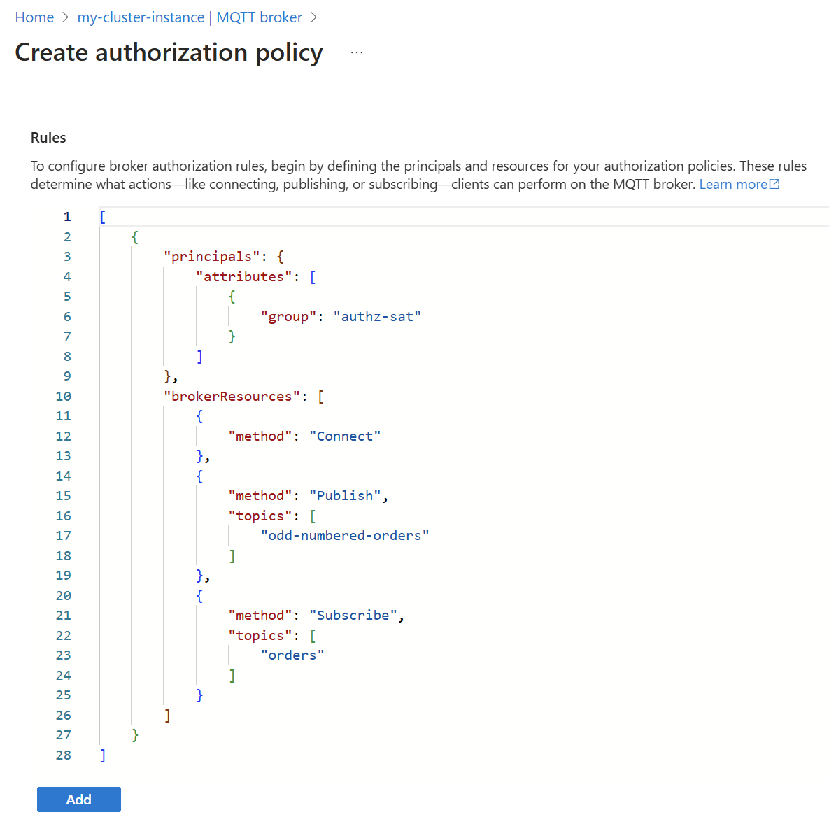 Snímek obrazovky znázorňující použití webu Azure Portal k vytvoření autorizačních pravidel zprostředkovatele