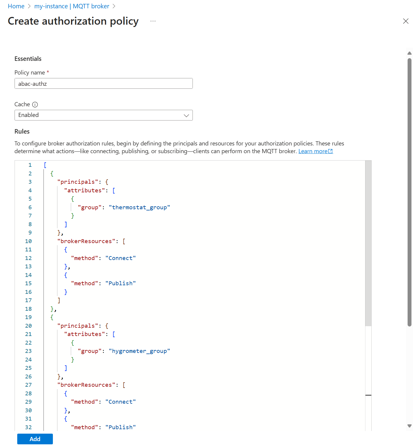 Snímek obrazovky s webem Azure Portal pro nastavení zásad autorizace