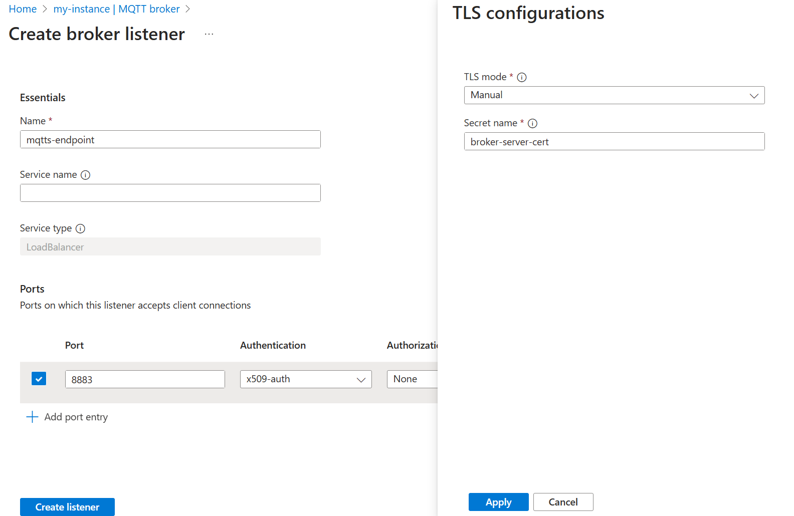 Snímek obrazovky znázorňující metodu webu Azure Portal pro nastavení naslouchacího procesu s portem TLS