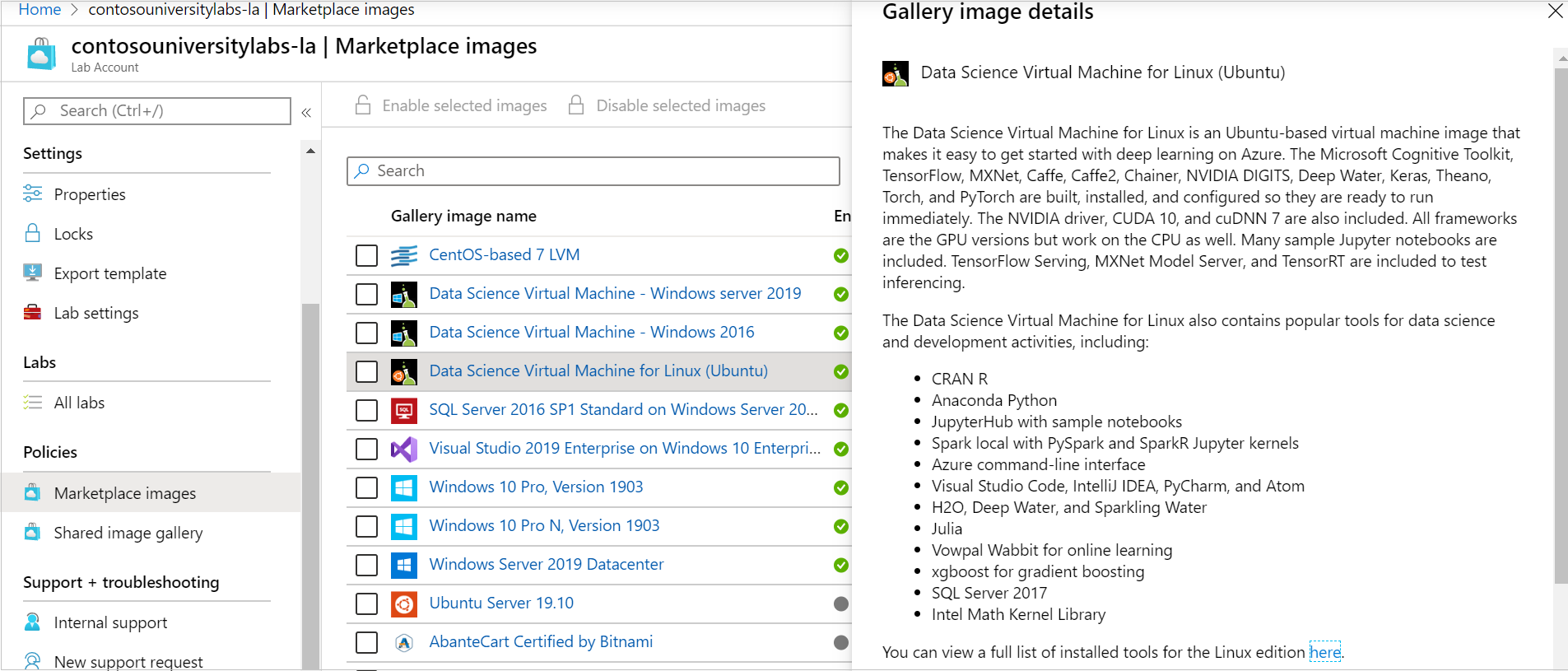 Snímek obrazovky se seznamem imagí dostupných ke kontrole na Azure Marketplace