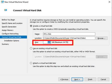 Snímek obrazovky Připojit virtuální pevný disk ve Správci technologie Hyper-V se zvýrazněnou možností pro pevnou velikost disku