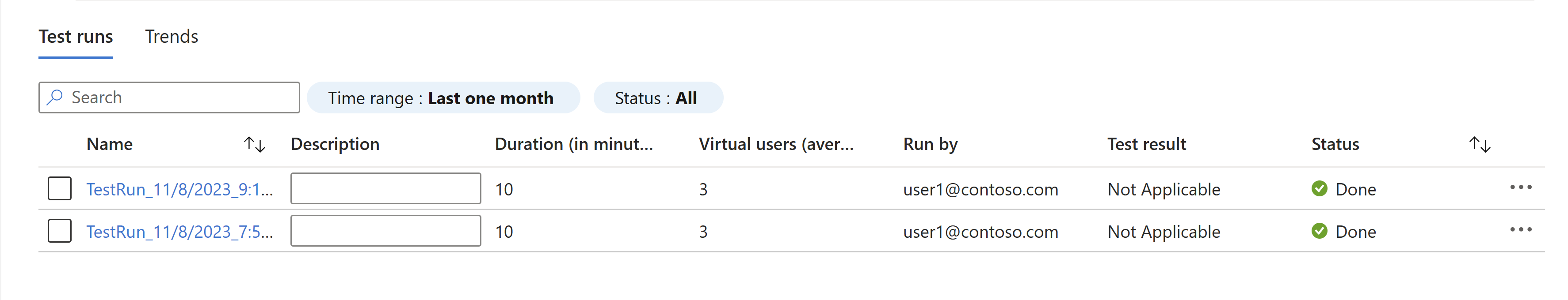 Snímek obrazovky znázorňující seznam testovacích běhů pro test v prostředku azure Load Testing