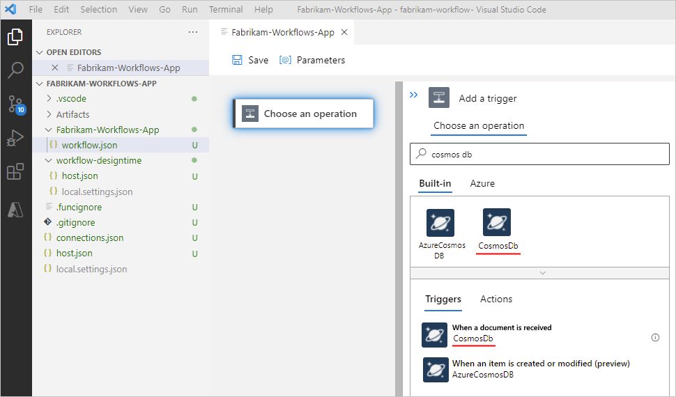 Snímek obrazovky znázorňující Visual Studio Code a návrháře pro pracovní postup standardní aplikace logiky s novým integrovaným konektorem Azure Cosmos DB