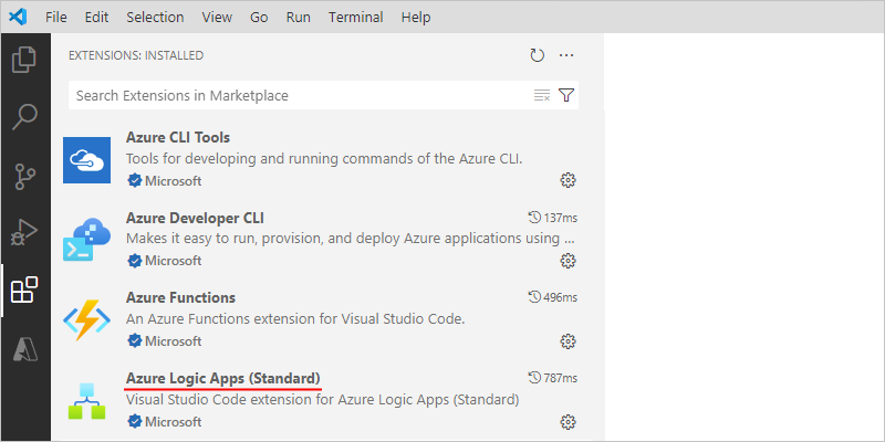 Snímek obrazovky ukazuje Visual Studio Code s nainstalovaným rozšířením Azure Logic Apps (Standard).