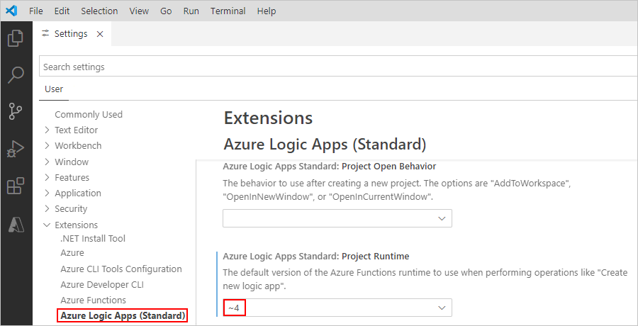 Snímek obrazovky ukazuje nastavení editoru Visual Studio Code pro rozšíření Azure Logic Apps (Standard).