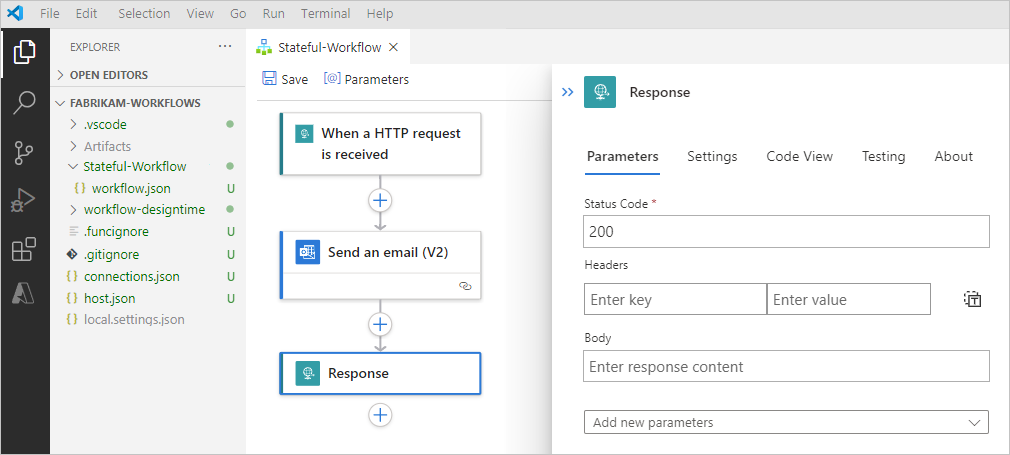 Snímek obrazovky znázorňující Visual Studio Code, projekt aplikace logiky a pracovní postup