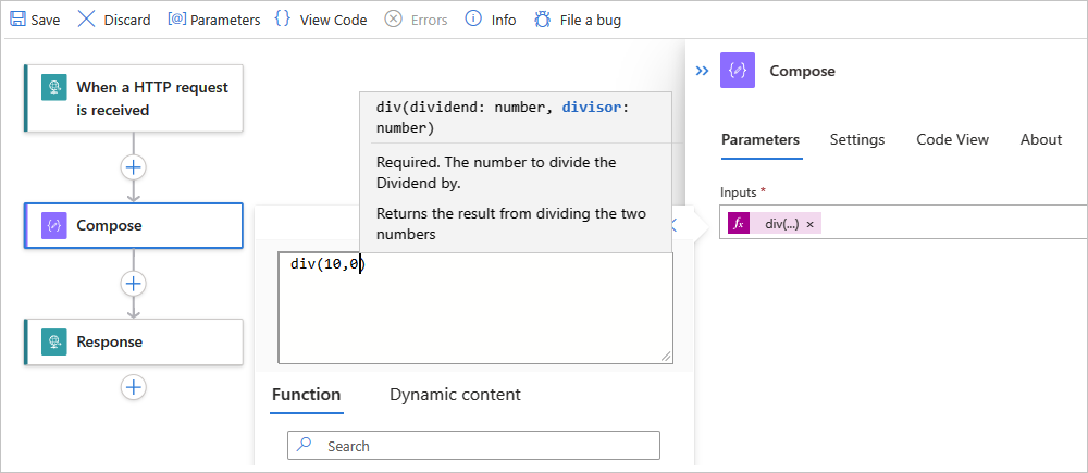 Snímek obrazovky s webem Azure Portal, standardním návrhářem pracovního postupu, triggerem požadavku, akcí Vytvořit s výrazem generujícím výjimku a akcí Odpovědi