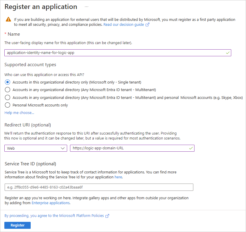 Snímek obrazovky znázorňující podokno Registrace aplikace s názvem identity aplikace a adresou URL pro odeslání odpovědi na ověření