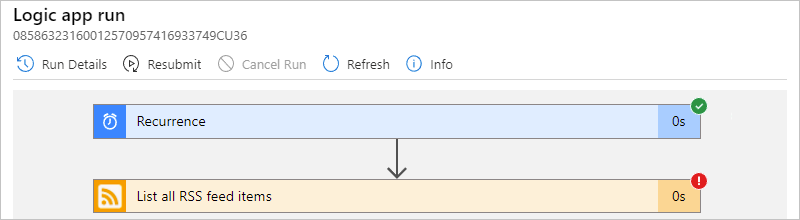 Snímek obrazovky znázorňující pracovní postup aplikace logiky Consumption s vybraným neúspěšným krokem