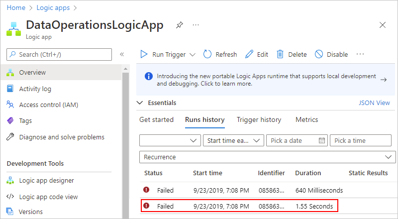 Snímek obrazovky webu Azure Portal se spuštěním pracovního postupu aplikace logiky Consumption a vybraným neúspěšným spuštěním