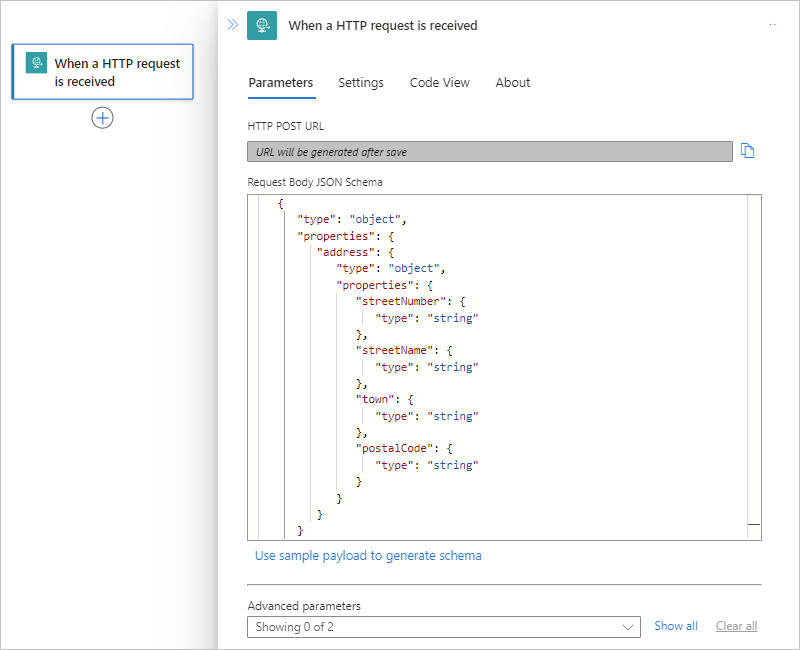 Snímek obrazovky znázorňující standardní pracovní postup s triggerem požadavku a parametrem schématu JSON textu požadavku s ukázkovým schématem