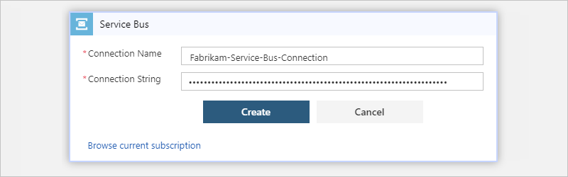 Zadejte název připojení a připojovací řetězec Service Bus.