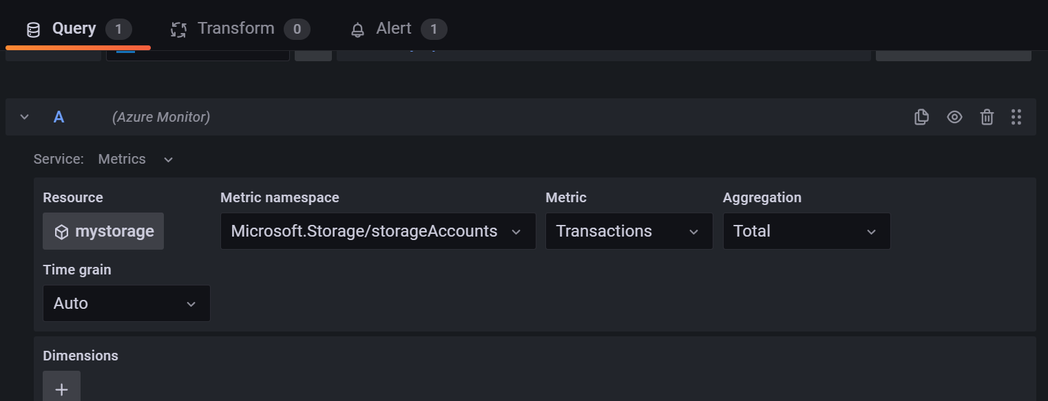 Snímek obrazovky s pracovním prostorem Grafana Dotazy.