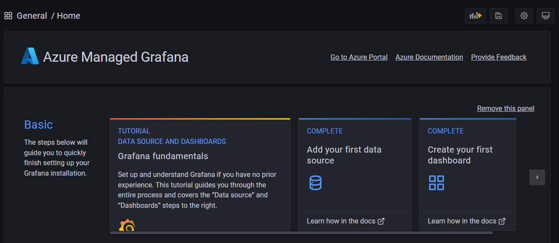 Snímek obrazovky s pracovním prostorem Grafana spravovaným Azure