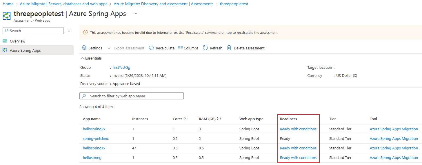 Snímek obrazovky s podrobnostmi připravenosti pro Azure Spring Apps