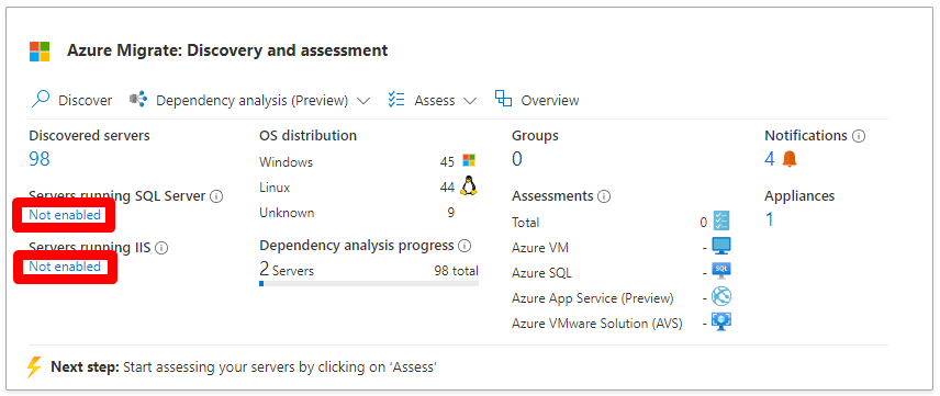 Snímek obrazovky s dlaždicí centra Azure Migrate s nepovoleným zjišťováním SQL a webových aplikací