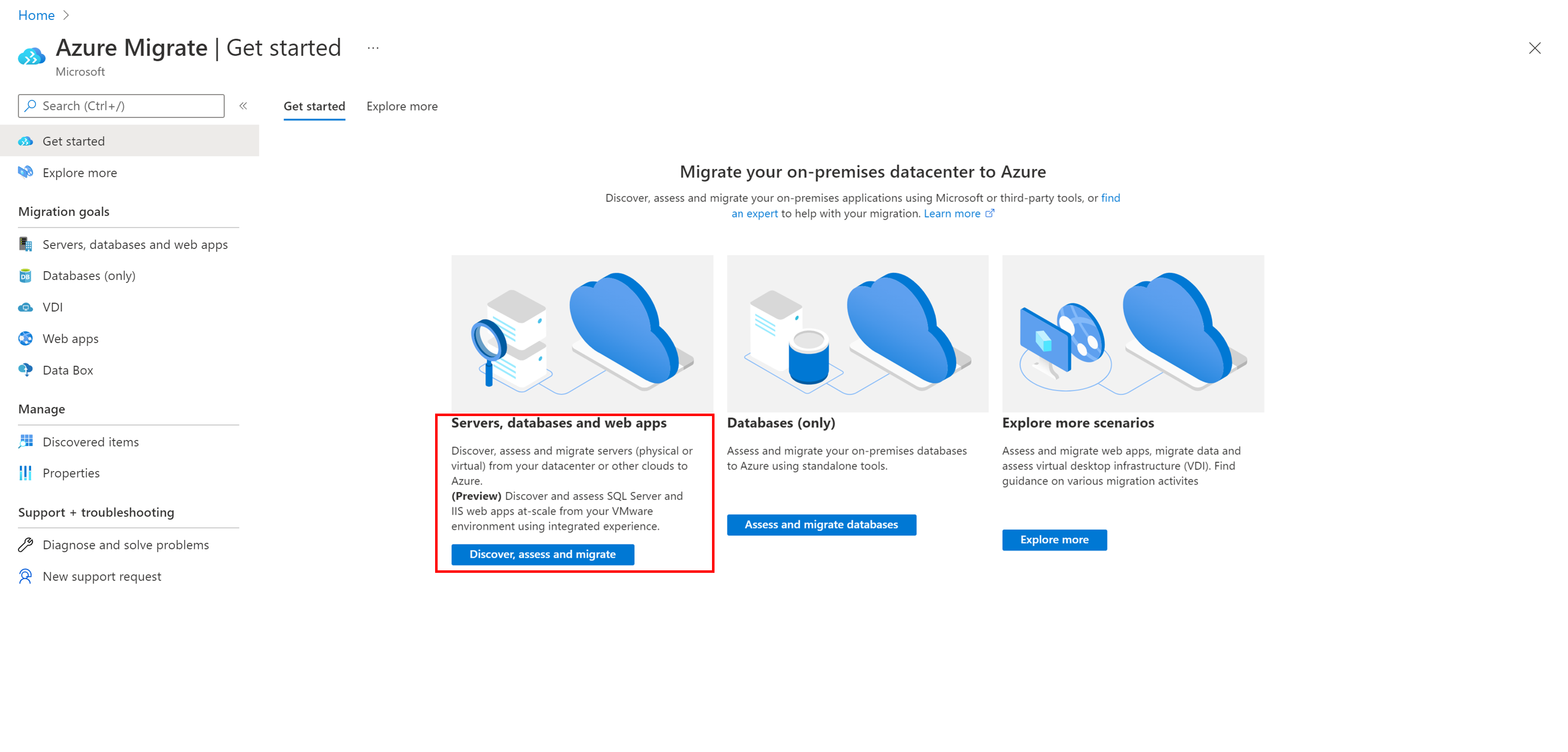 Snímek obrazovky se stránkou Přehled pro Azure Migrate