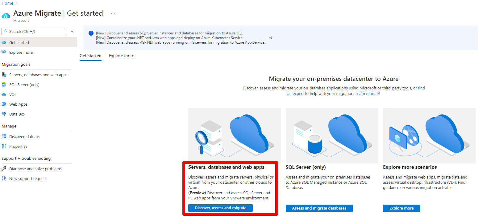 Stránka přehledu pro Azure Migrate