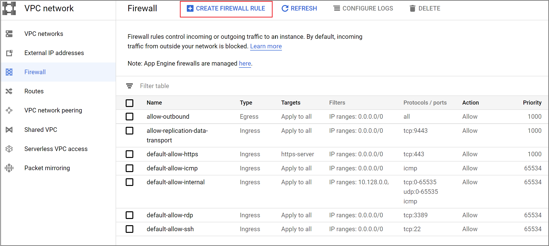 Snímek obrazovky znázorňující pravidla brány firewall GCP