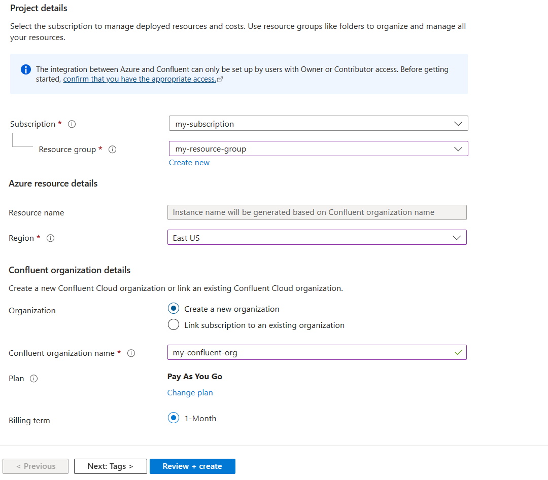 Formulář pro nastavení prostředku Confluent Cloud