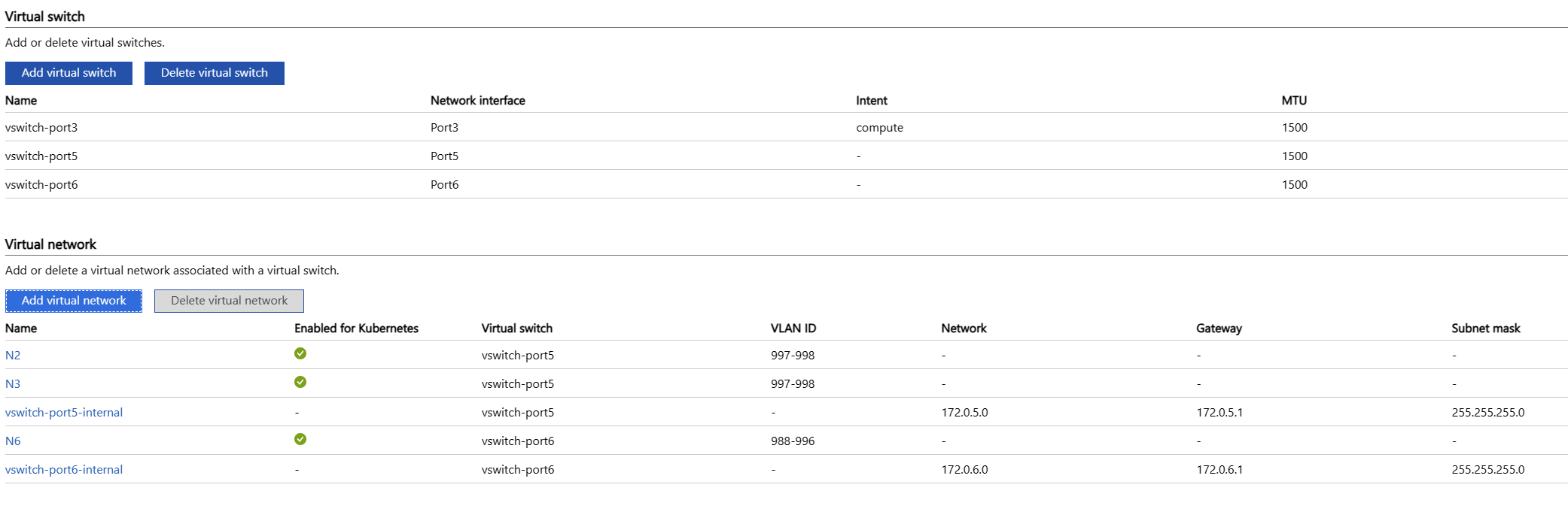 Snímek obrazovky zobrazující Kubernetes (Preview) se dvěma tabulkami První tabulka se nazývá virtuální přepínač Compute a druhá se nazývá Virtuální síť. Zelené zaškrtnutí ukazuje, že jsou pro Kubernetes povolené virtuální sítě.