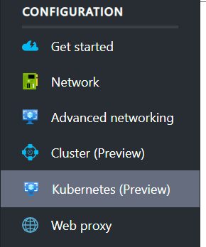 Snímek obrazovky s nabídkou konfigurace se zvýrazněnou možností Kubernetes (Preview)