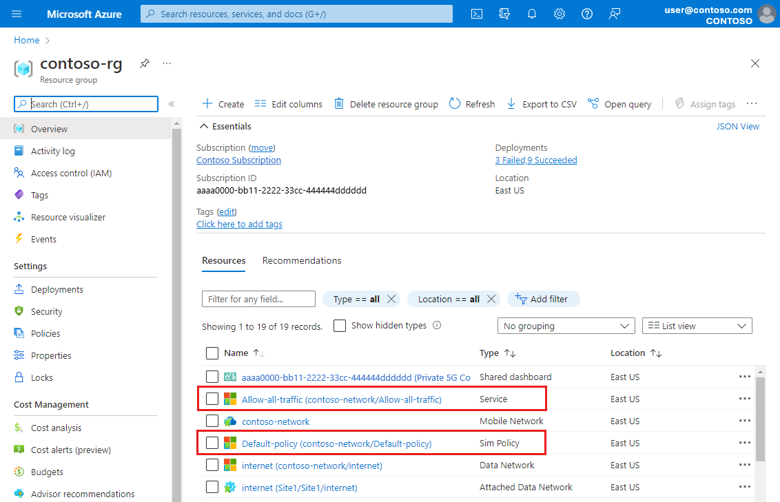 Snímek obrazovky webu Azure Portal zobrazující skupinu prostředků obsahující nově zřízené SIM