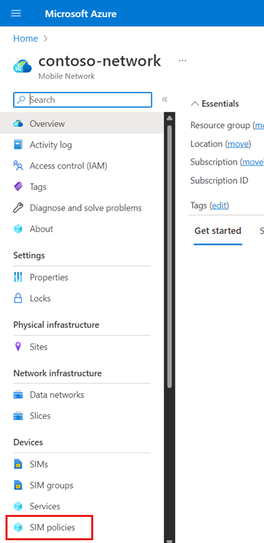 Snímek obrazovky s Azure Portal zobrazující možnost zásad SIM v nabídce prostředků prostředku Mobilní síť