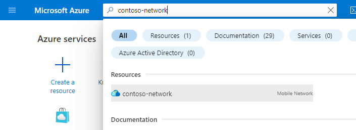 Snímek obrazovky webu Azure Portal Zobrazuje výsledky hledání prostředku mobilní sítě.