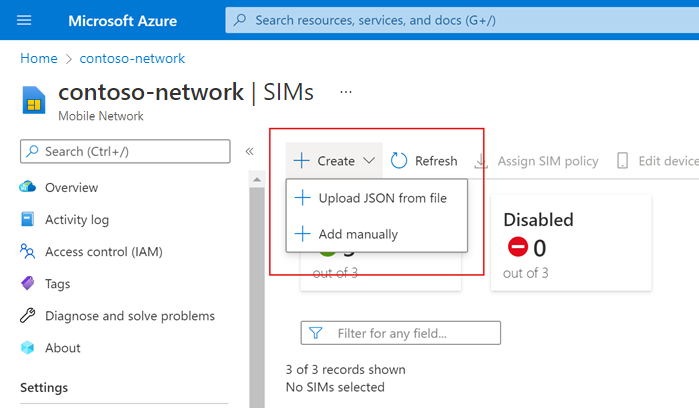 Snímek obrazovky Azure Portal s tlačítkem Vytvořit a jeho možnostmi – Nahrání JSON ze souboru a Ruční přidání