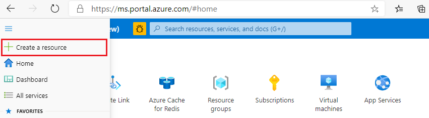 Sceenshot zobrazte zvýrazněnou možnost Vytvořit prostředek v levém navigačním podokně na webu Azure Portal.