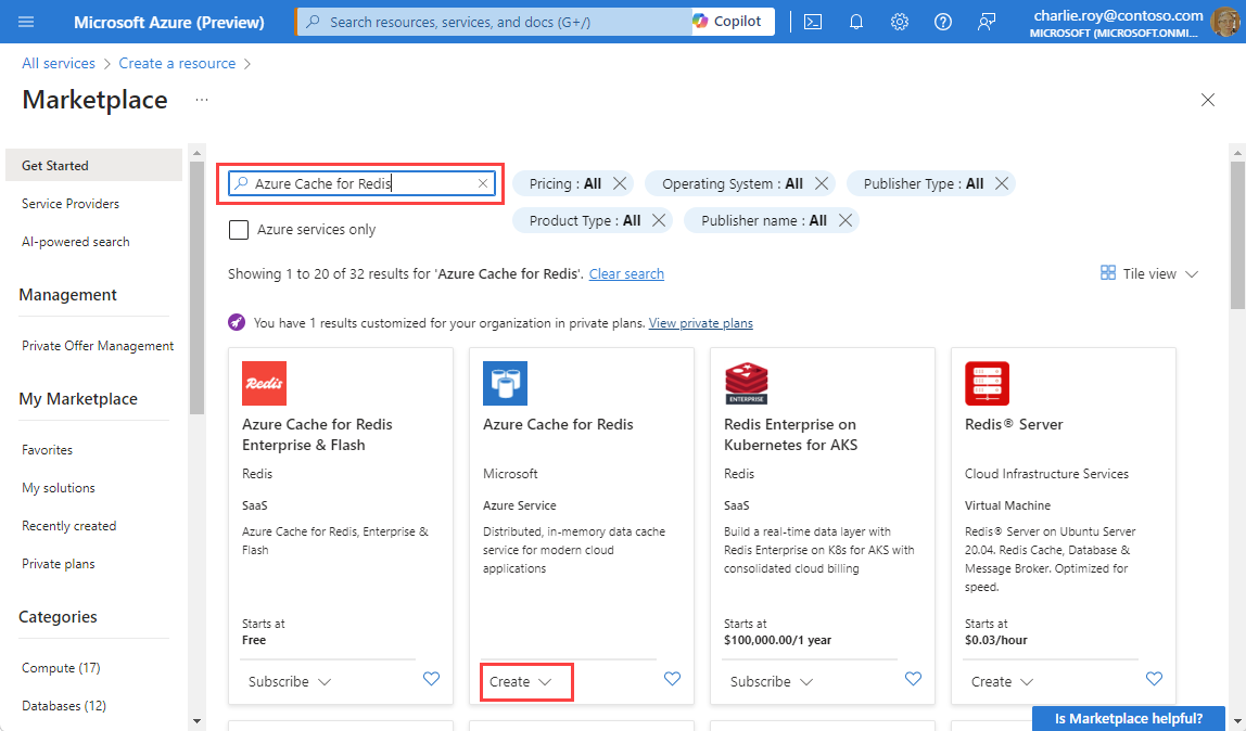 Snímek obrazovky znázorňující Azure Marketplace se službou Azure Cache for Redis ve vyhledávacím poli a zvýrazněným tlačítkem Vytvořit