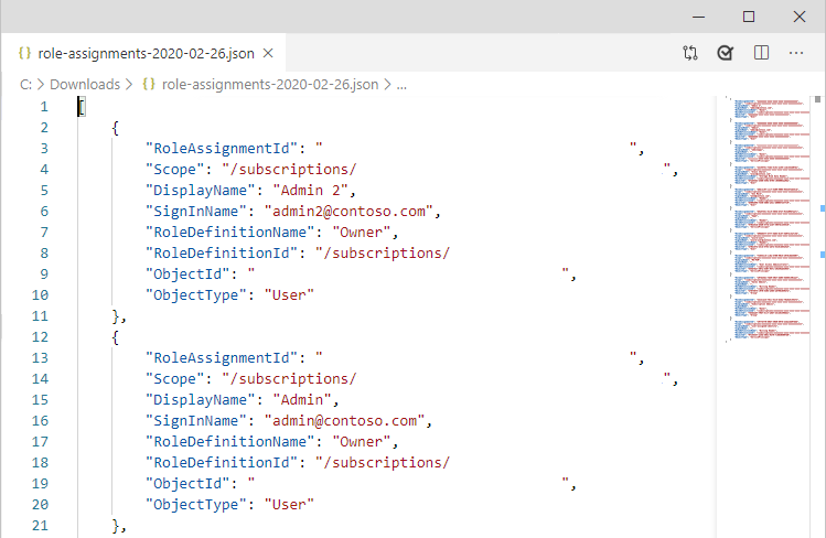 Snímek obrazovky se staženými přiřazeními rolí jako ve formátu JSON