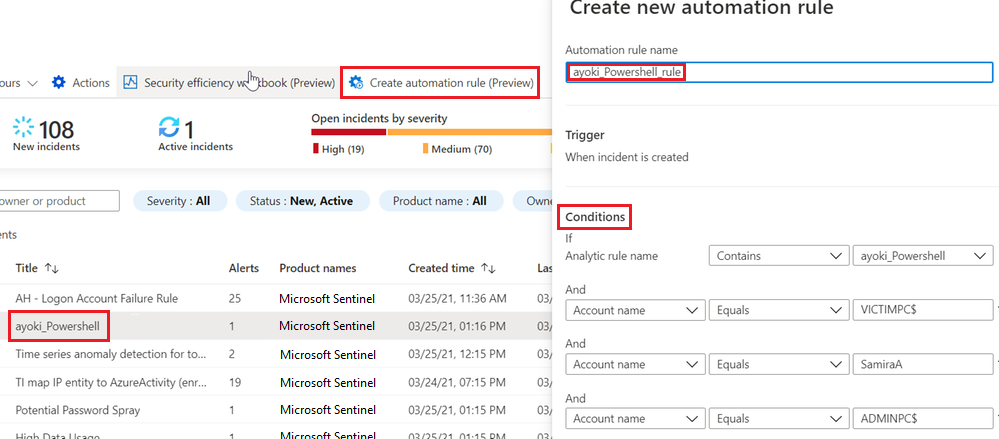 Snímek obrazovky znázorňující, jak vytvořit pravidlo automatizace pro incident v Microsoft Sentinelu