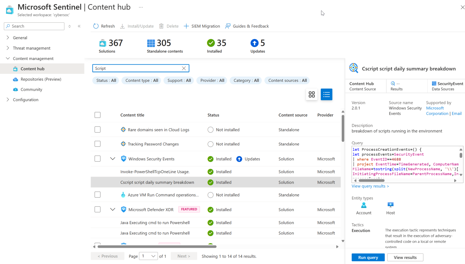 Snímek obrazovky centra obsahu Microsoft Sentinelu na webu Azure Portal