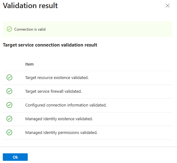 Snímek obrazovky webu Azure Portal a získání výsledku ověření připojení