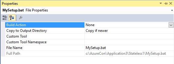 Visual Studio CopyToOutput pro dávkový soubor SetupEntryPoint