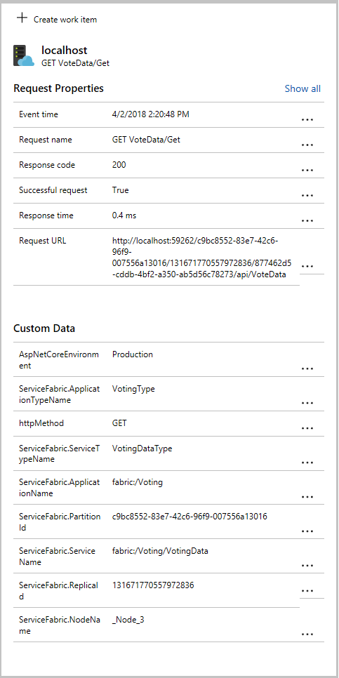 Snímek obrazovky znázorňující další podrobnosti, včetně dat specifických pro Service Fabric, která se shromažďují v balíčku NuGet Služby Application Insights