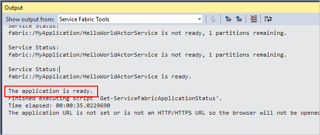 Okno výstupu ladění Service Fabric
