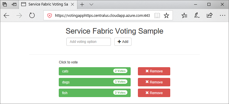 Snímek obrazovky znázorňující ukázkovou aplikaci Service Fabric Voting spuštěnou v okně prohlížeče