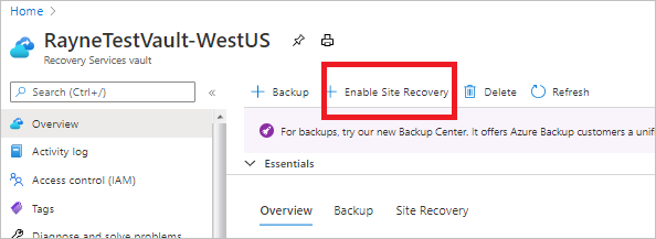 Výběr pro povolení Site Recovery v trezoru