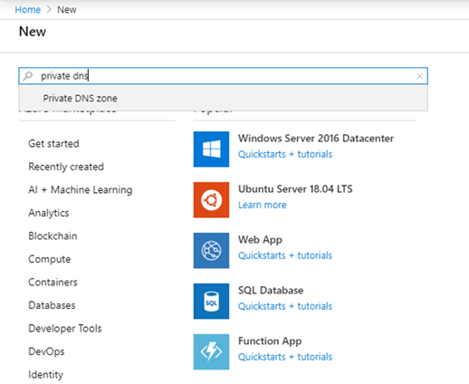 Snímek obrazovky znázorňující hledání privátní zóny DNS na nové stránce prostředků na webu Azure Portal