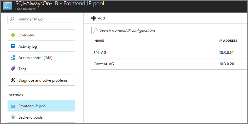 Snímek obrazovky okna s názvem SQL-AlwaysOn-LB – Front-endový fond IP adres