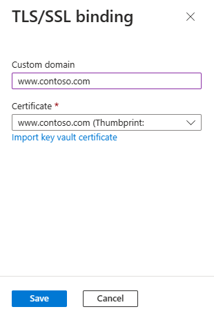 Snímek obrazovky webu Azure Portal zobrazující podokno vazby TLS/SSL