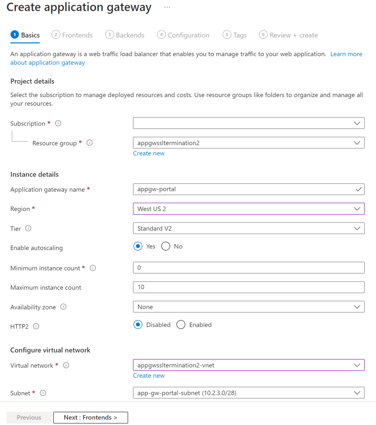 Snímek obrazovky se stránkou Vytvořit aplikační bránu na webu Azure Portal