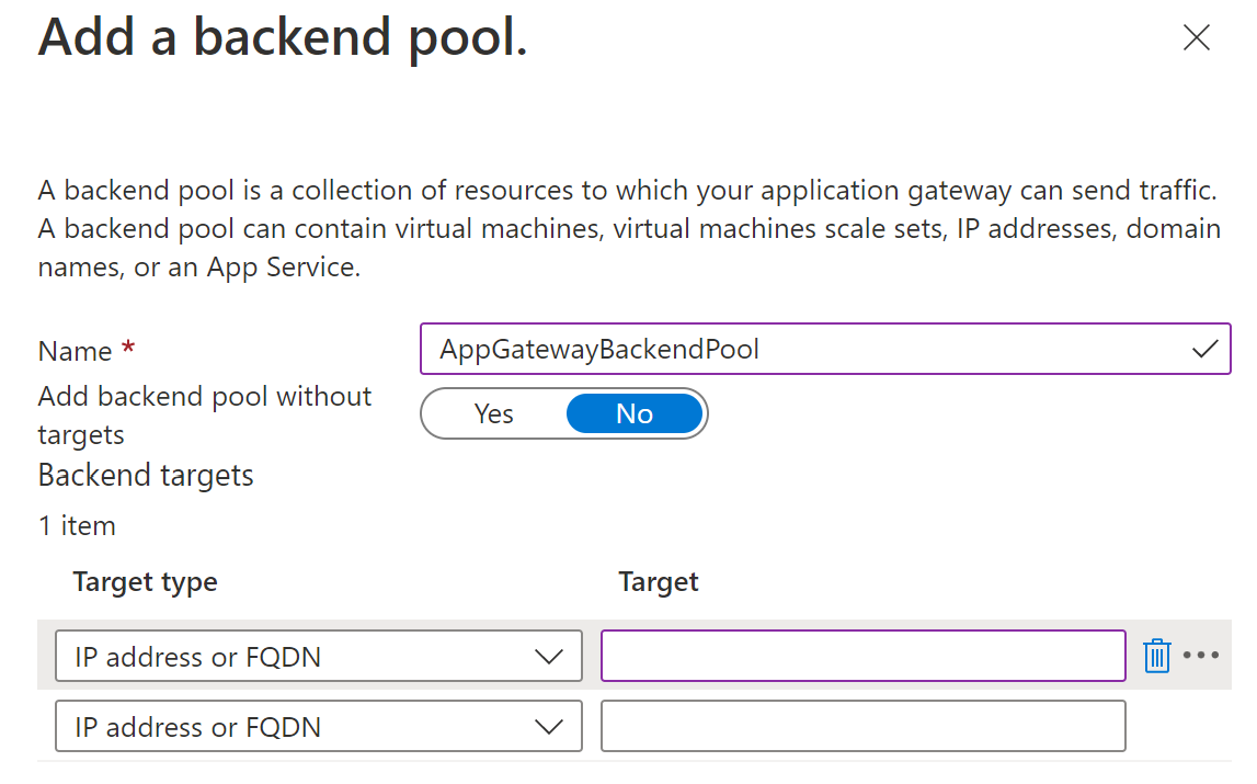 Snímek obrazovky webu Azure Portal se stránkou Přidat back-endový fond