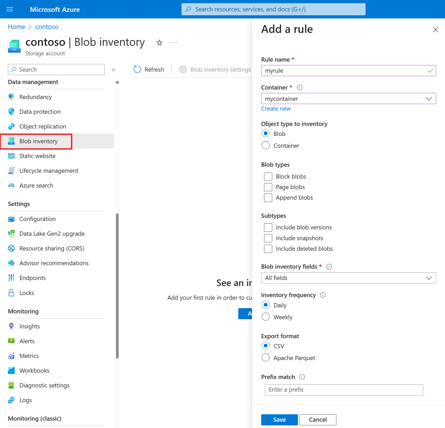 Snímek obrazovky znázorňující, jak přidat pravidlo inventáře objektů blob pomocí webu Azure Portal