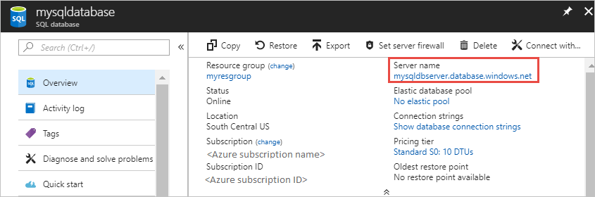 Získání podrobností o azure SQL Serveru