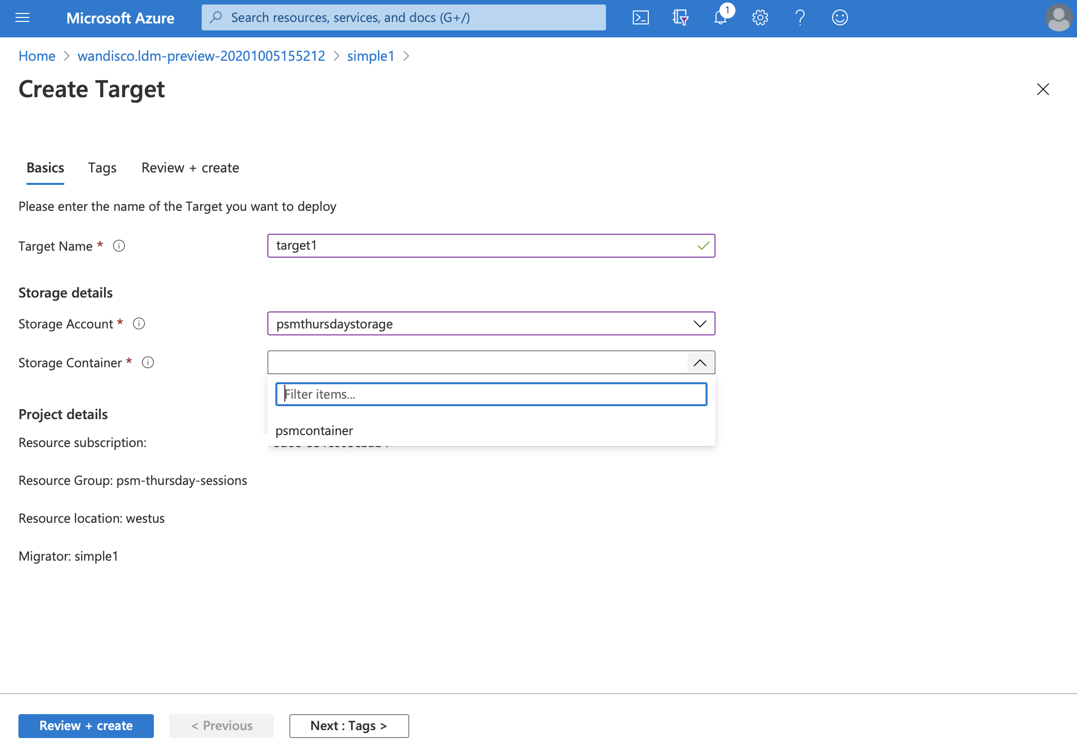 Vytvoření cíle LiveData Migrator